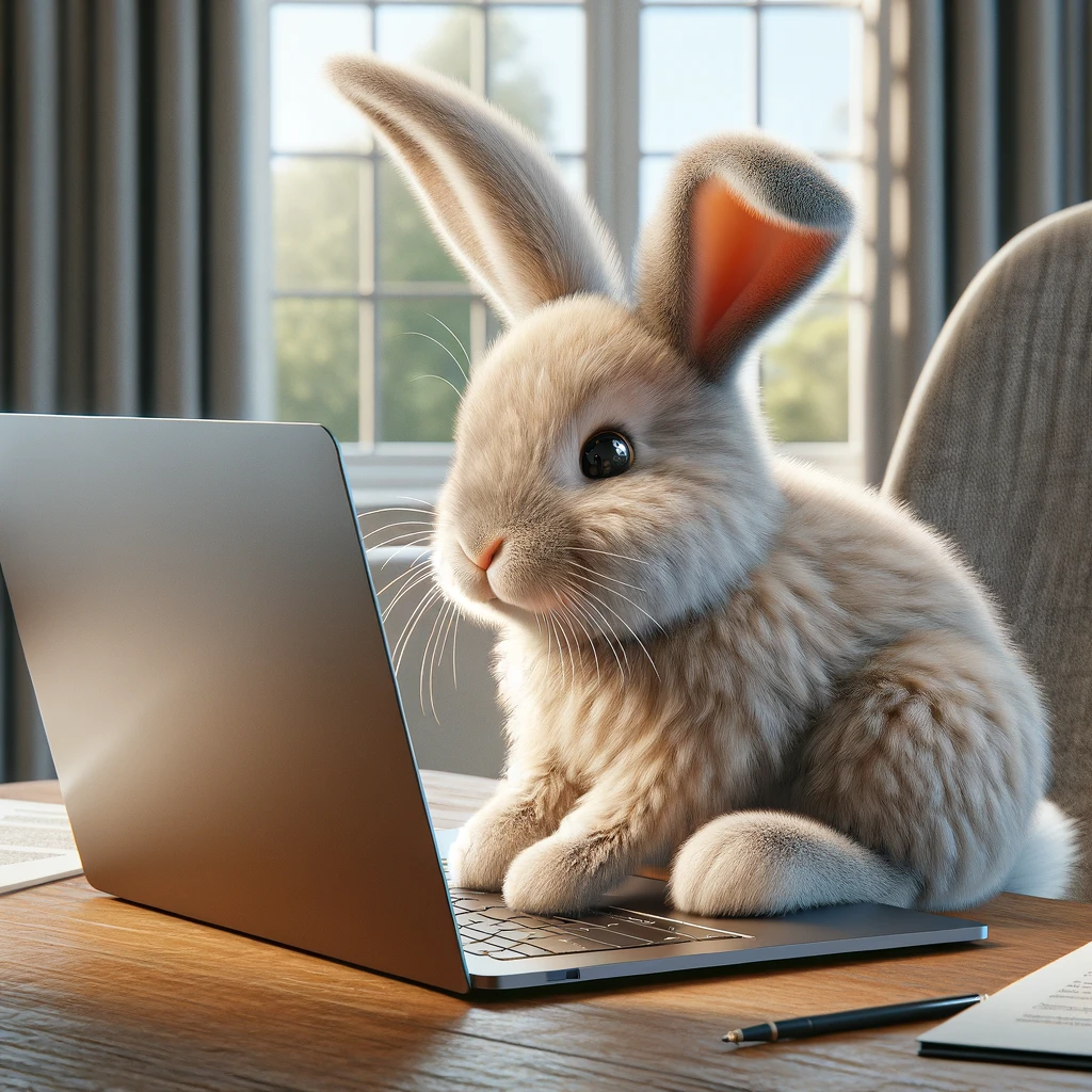 A photorealistic image of a rabbit sitting at a desk, working on a laptop. The rabbit looks focused, with its paws on the keyboard, as if typing. The scene is set in a cozy home office environment, with a window in the background showing a sunny day outside. The laptop screen is visible, displaying a generic work-related document. The rabbit has a fluffy appearance, with long ears that droop slightly, adding to its cute and whimsical charm.